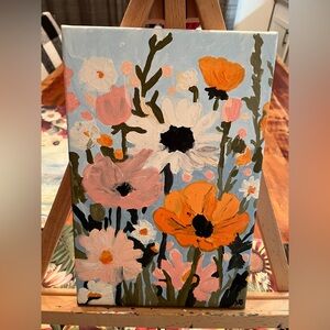 Hand painted by me acrylic on canvas pink daisy field with poppies